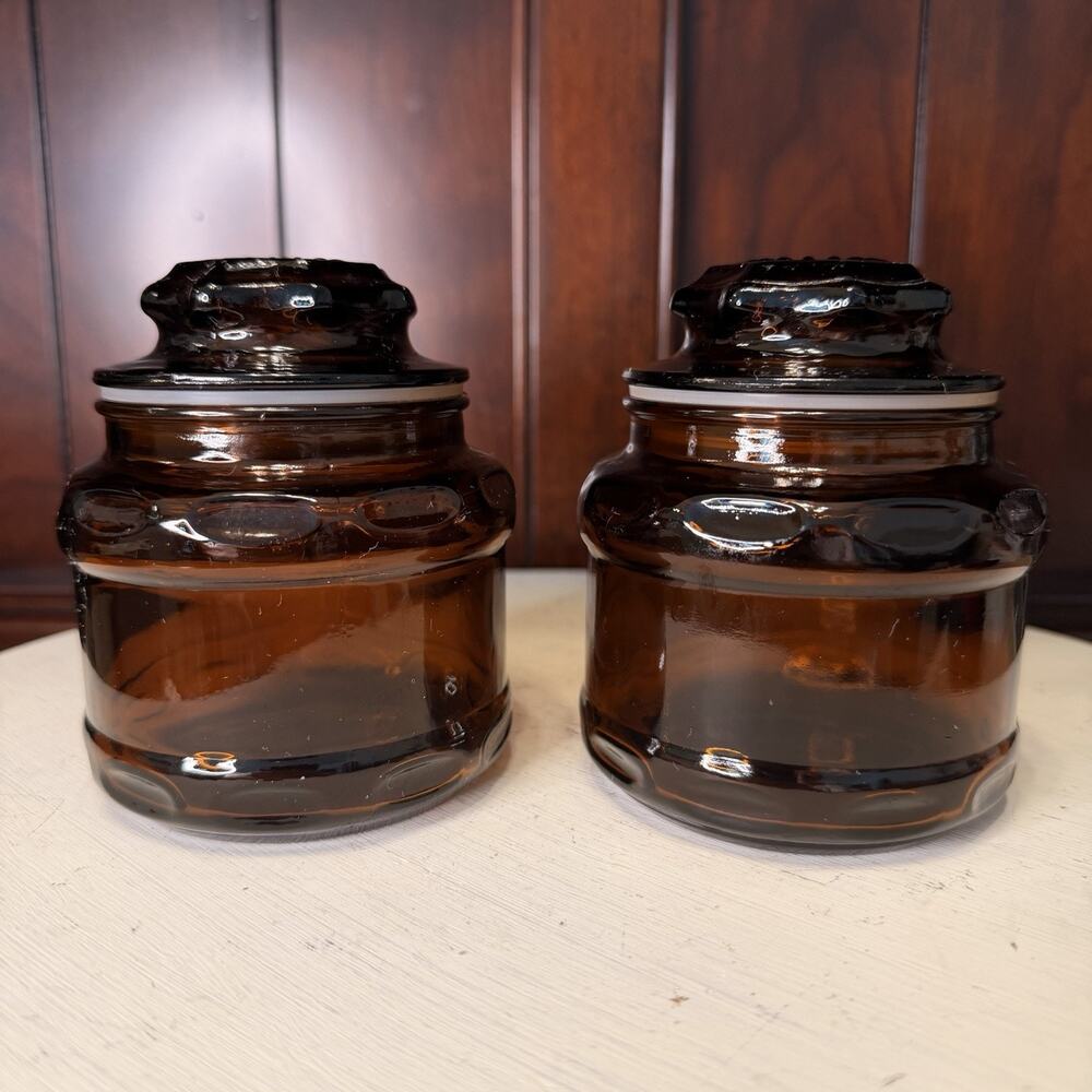 Vintage Dark Amber Brown Glass Apothecary Spice Jar Starburst Set Of 2 With Lids